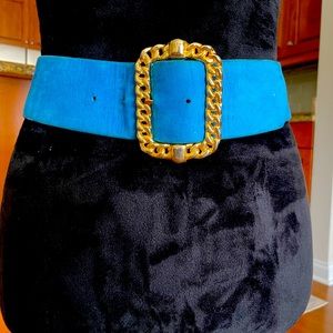 Cyan Blue Suede with gold rectangular chain buckle